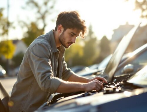 Jeune conducteur inspectant une voiture citadine d'occasion en plein jour, capot ouvert, regardant le moteur et la carrosserie, lumière solaire douce et chaude, parking de quartier, tenue décontractée.
