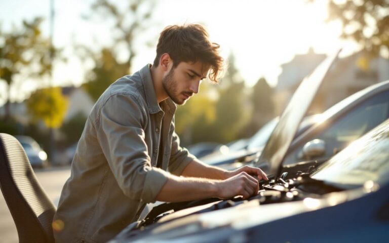 Jeune conducteur inspectant une voiture citadine d'occasion en plein jour, capot ouvert, regardant le moteur et la carrosserie, lumière solaire douce et chaude, parking de quartier, tenue décontractée.