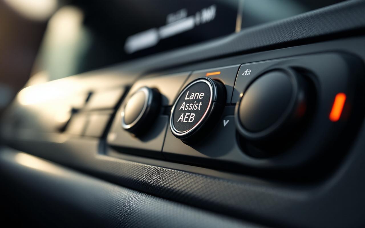 Gros plan réaliste du tableau de bord d'une voiture compacte, montrant les boutons d'assistance à la sécurité (Lane Assist, AEB) rétroéclairés, plastique texturé et cadrans, lumière volumétrique naturelle à travers le pare-brise, tons dominants noir et gris avec accents rouges et ambre.