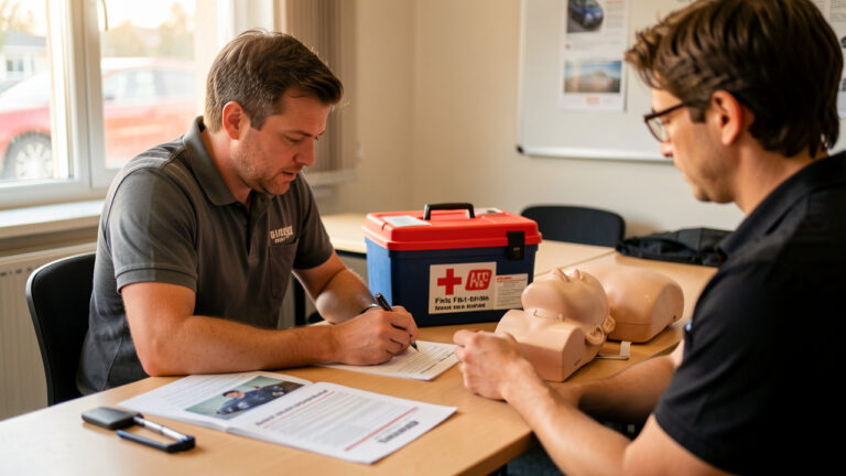 Un candidat au permis de conduire révise les questions de premiers secours avec un moniteur dans une auto-école, près d’un kit de secours et d’un mannequin d’entraînement.