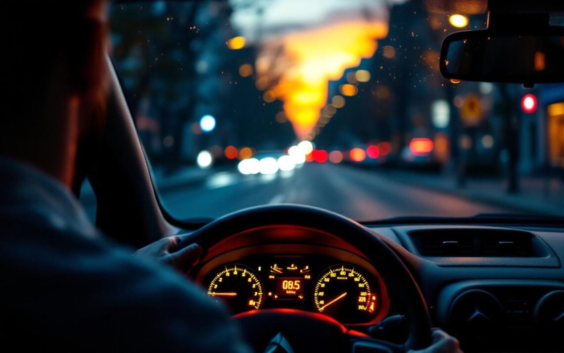 Citroën C3 en ville au crépuscule, vue intérieure avec tableau de bord allumé et voyants d’alerte moteur, ambiance réaliste pour conducteur débutant