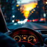 Citroën C3 en ville au crépuscule, vue intérieure avec tableau de bord allumé et voyants d’alerte moteur, ambiance réaliste pour conducteur débutant