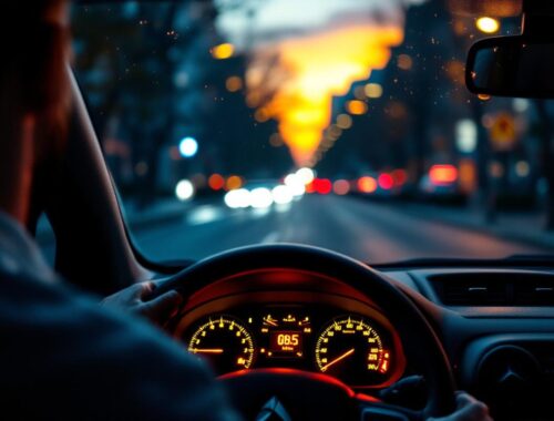 Citroën C3 en ville au crépuscule, vue intérieure avec tableau de bord allumé et voyants d’alerte moteur, ambiance réaliste pour conducteur débutant