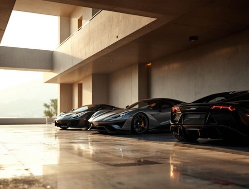 Garage de supercars de luxe à Monaco, avec un SUV, une berline sportive et une supercar, éclairés de façon élégante et réaliste avec reflets sur les carrosseries.