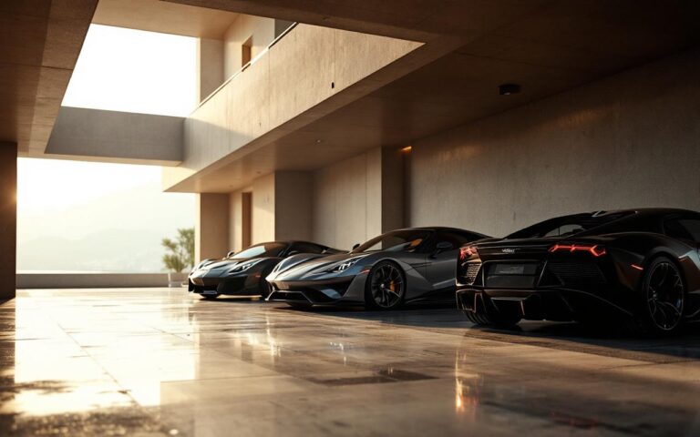 Garage de supercars de luxe à Monaco, avec un SUV, une berline sportive et une supercar, éclairés de façon élégante et réaliste avec reflets sur les carrosseries.
