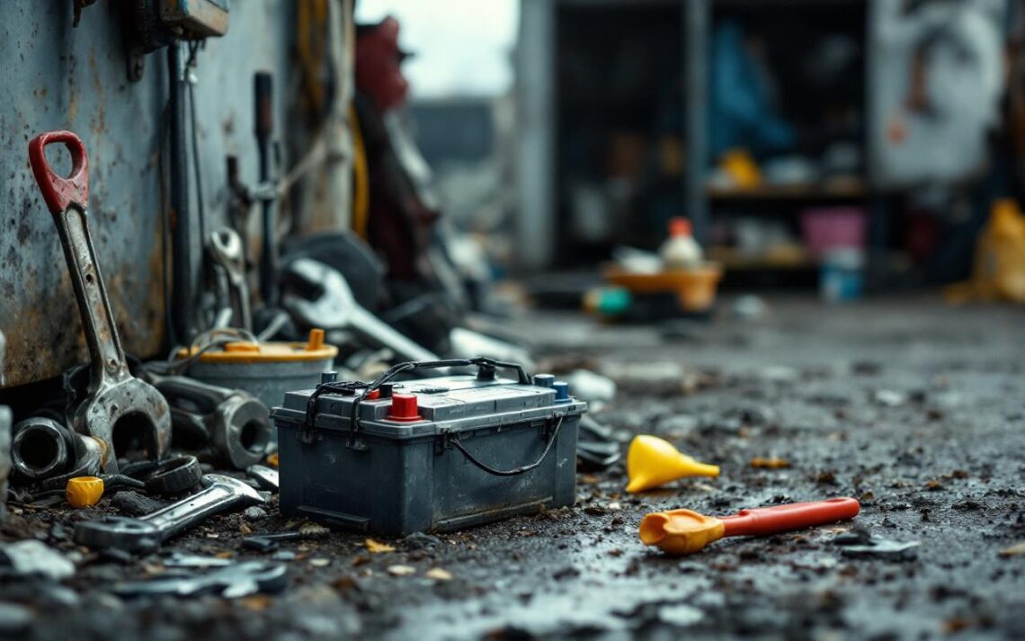Batterie de voiture usagée posée près d’un garage, entourée d’outils d’entretien auto, dans une ambiance de recyclage.