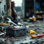 Batterie de voiture usagée posée près d’un garage, entourée d’outils d’entretien auto, dans une ambiance de recyclage.