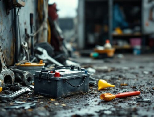 Batterie de voiture usagée posée près d’un garage, entourée d’outils d’entretien auto, dans une ambiance de recyclage.
