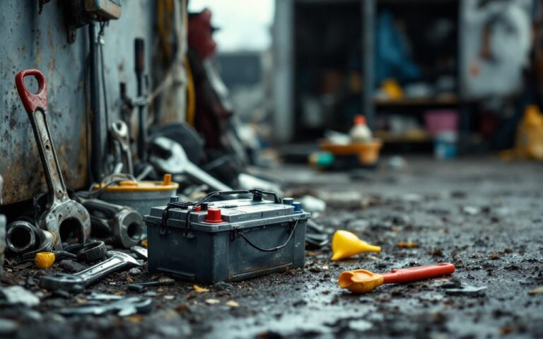 Batterie de voiture usagée posée près d’un garage, entourée d’outils d’entretien auto, dans une ambiance de recyclage.
