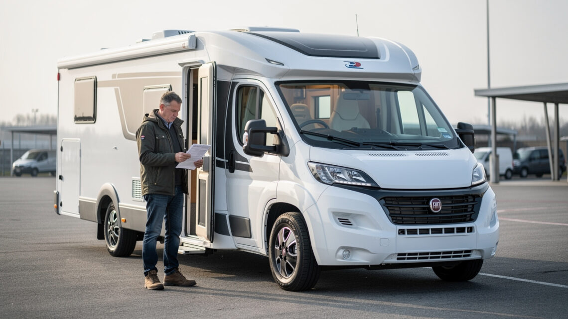 Camping-car profilé blanc stationné sur une aire de départ, avec un homme consultant des documents administratifs vierges près de la portière.