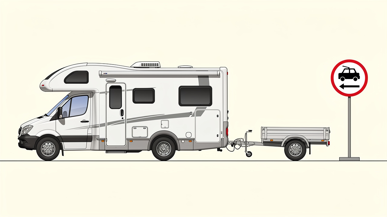 Vue latérale réaliste d’un camping-car tractant une petite remorque, avec un panneau de limitation de poids visible à proximité.