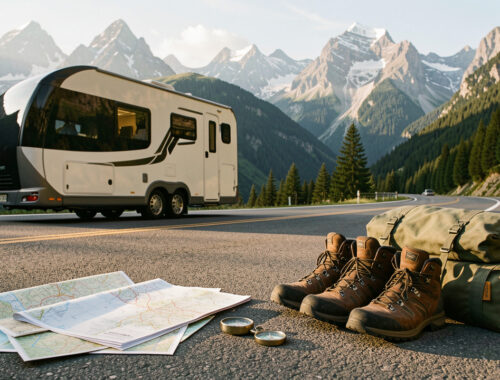 Véhicule de loisirs stationné devant de majestueuses montagnes, avec cartes de voyage vierges, boussole et équipement de camping éclairés par la lumière matinale.