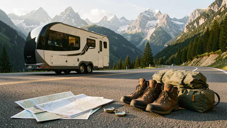 Véhicule de loisirs stationné devant de majestueuses montagnes, avec cartes de voyage vierges, boussole et équipement de camping éclairés par la lumière matinale.