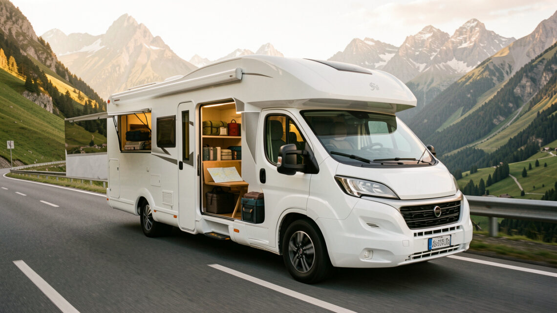 Camping-car moderne prêt à partir sur une route panoramique de montagne, avec des équipements soigneusement rangés et une lumière matinale chaleureuse.