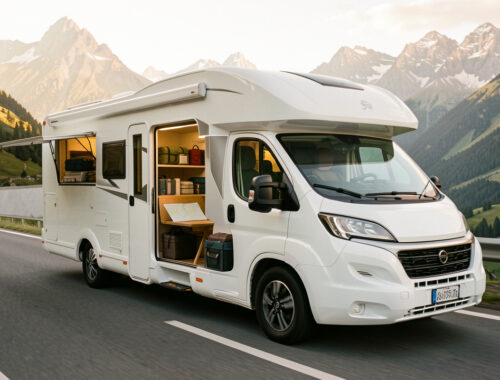 Camping-car moderne prêt à partir sur une route panoramique de montagne, avec des équipements soigneusement rangés et une lumière matinale chaleureuse.