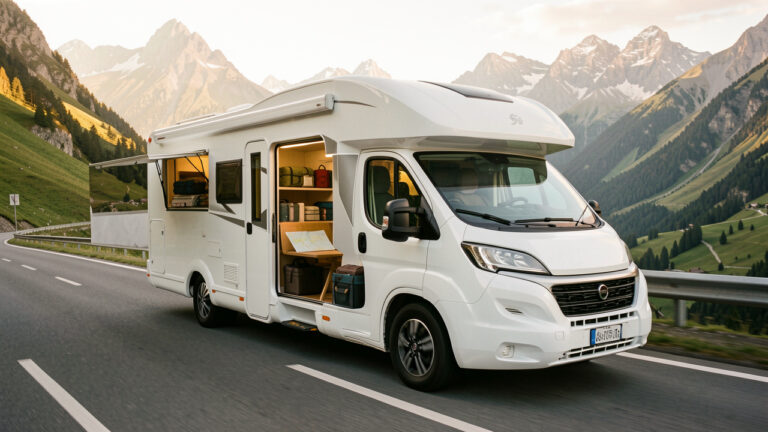 Camping-car moderne prêt à partir sur une route panoramique de montagne, avec des équipements soigneusement rangés et une lumière matinale chaleureuse.