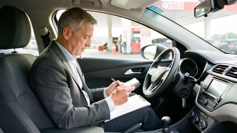 Un homme consulte son budget automobile dans l’habitacle d’une voiture moderne, avec une station-service visible en arrière-plan sous une lumière naturelle.