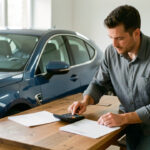 Un homme près d’une voiture moderne examine un budget avec une calculatrice sur une table éclairée par la lumière naturelle.