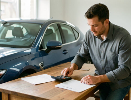 Un homme près d’une voiture moderne examine un budget avec une calculatrice sur une table éclairée par la lumière naturelle.
