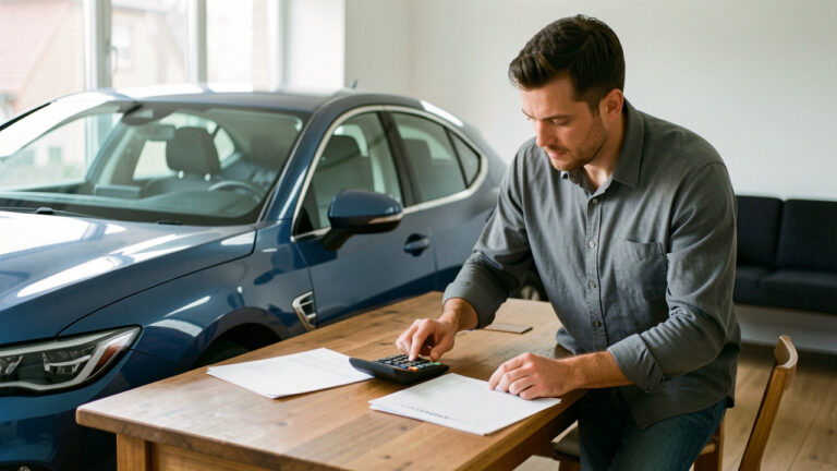 Un homme près d’une voiture moderne examine un budget avec une calculatrice sur une table éclairée par la lumière naturelle.