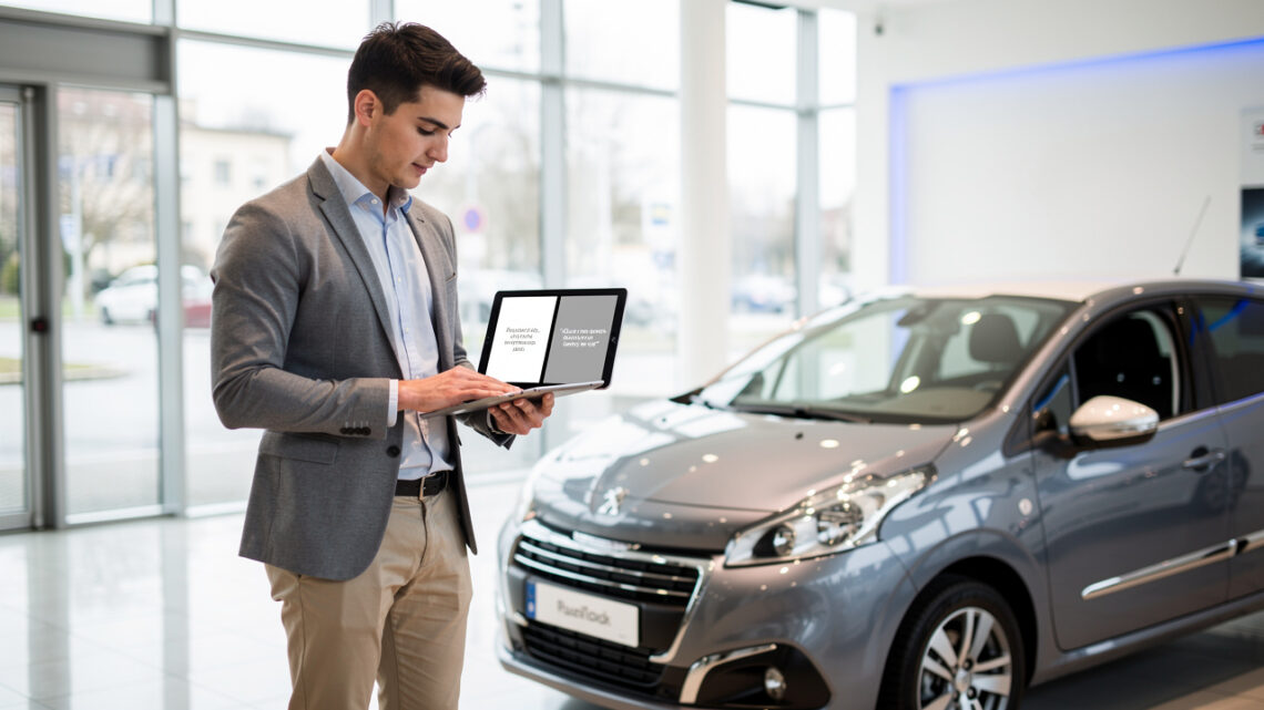Jeune conducteur comparant deux devis sur une tablette devant une citadine neuve dans une concession automobile lumineuse.