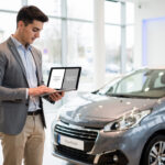 Jeune conducteur comparant deux devis sur une tablette devant une citadine neuve dans une concession automobile lumineuse.