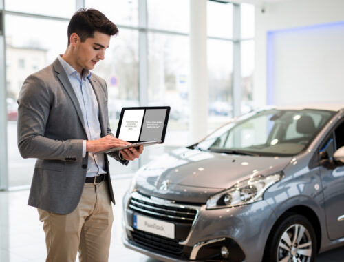 Jeune conducteur comparant deux devis sur une tablette devant une citadine neuve dans une concession automobile lumineuse.