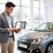 Jeune conducteur comparant deux devis sur une tablette devant une citadine neuve dans une concession automobile lumineuse.