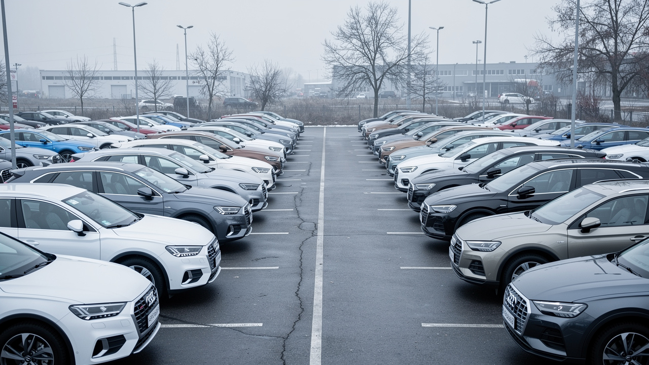 Rangée de voitures neuves soigneusement alignées sur le parc extérieur d’une concession automobile en fin d’année, sous une lumière hivernale douce.