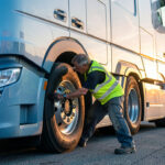 Un conducteur routier inspecte attentivement son camion moderne sur une aire logistique éclairée par la lumière dorée du lever du jour.