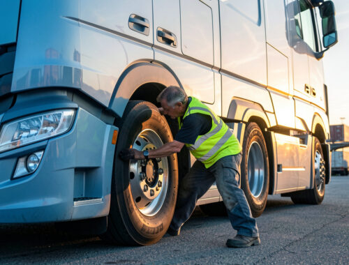 Un conducteur routier inspecte attentivement son camion moderne sur une aire logistique éclairée par la lumière dorée du lever du jour.