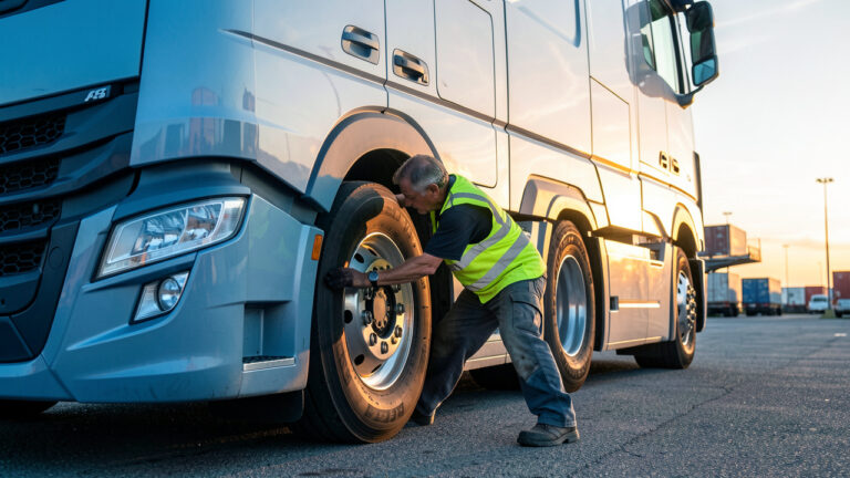 Un conducteur routier inspecte attentivement son camion moderne sur une aire logistique éclairée par la lumière dorée du lever du jour.