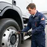 Un jeune homme en formation de conducteur routier inspecte attentivement un camion moderne dans la cour d’un centre de formation.