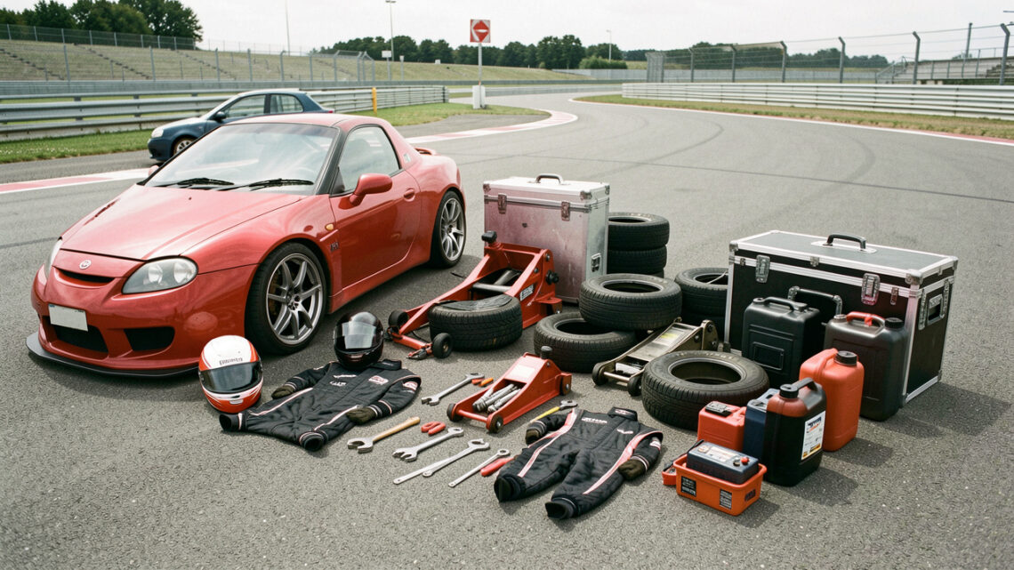 Équipement complet de sport automobile amateur soigneusement disposé dans le paddock d’un circuit, avec voiture de course, casque, combinaison, outils, pneus et caisses métalliques, sans pilote.