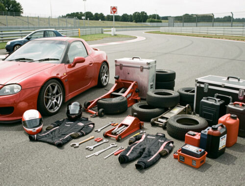 Équipement complet de sport automobile amateur soigneusement disposé dans le paddock d’un circuit, avec voiture de course, casque, combinaison, outils, pneus et caisses métalliques, sans pilote.
