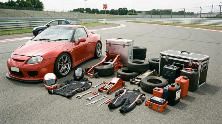 Équipement complet de sport automobile amateur soigneusement disposé dans le paddock d’un circuit, avec voiture de course, casque, combinaison, outils, pneus et caisses métalliques, sans pilote.