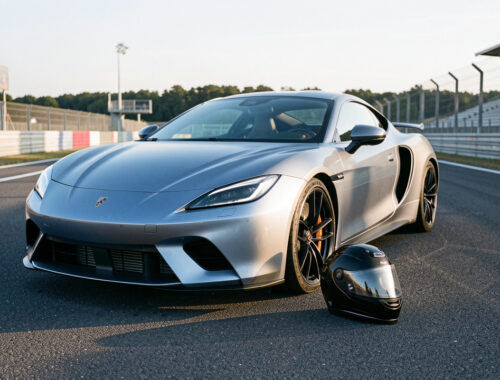 Voiture sportive garée sur le paddock d’un circuit automobile, avec un casque posé près de la roue avant dans la lumière douce du matin.