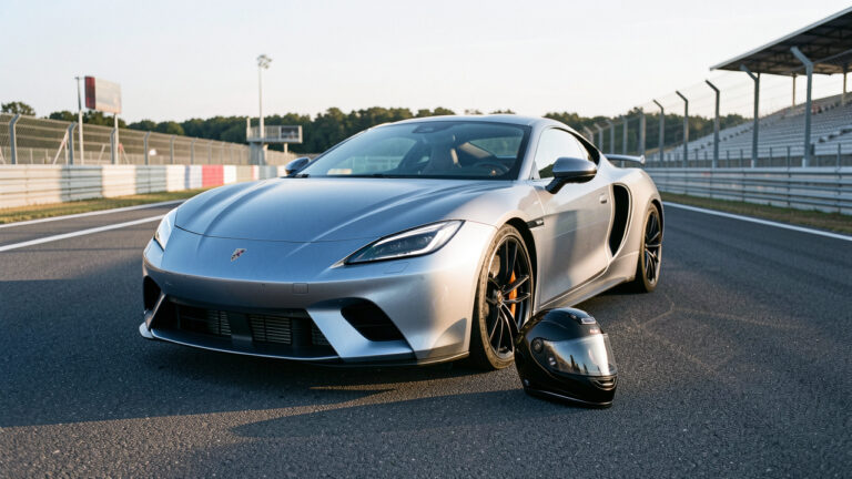 Voiture sportive garée sur le paddock d’un circuit automobile, avec un casque posé près de la roue avant dans la lumière douce du matin.