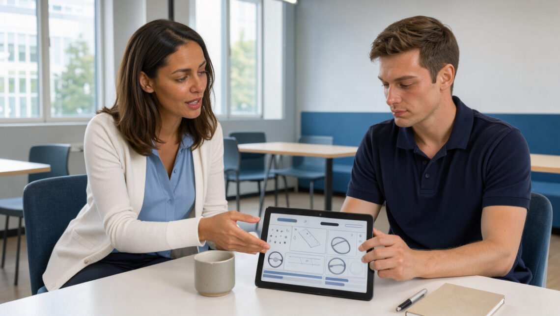Accueil moderne d’auto-école avec une monitrice et un élève consultant une tablette.