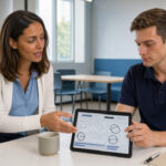 Accueil moderne d’auto-école avec une monitrice et un élève consultant une tablette.