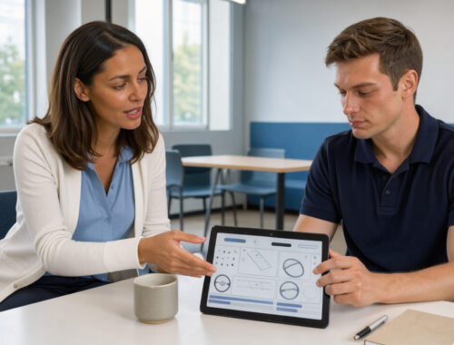 Accueil moderne d’auto-école avec une monitrice et un élève consultant une tablette.