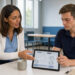 Accueil moderne d’auto-école avec une monitrice et un élève consultant une tablette.