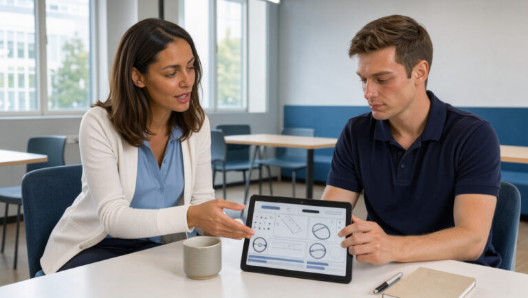 Accueil moderne d’auto-école avec une monitrice et un élève consultant une tablette.