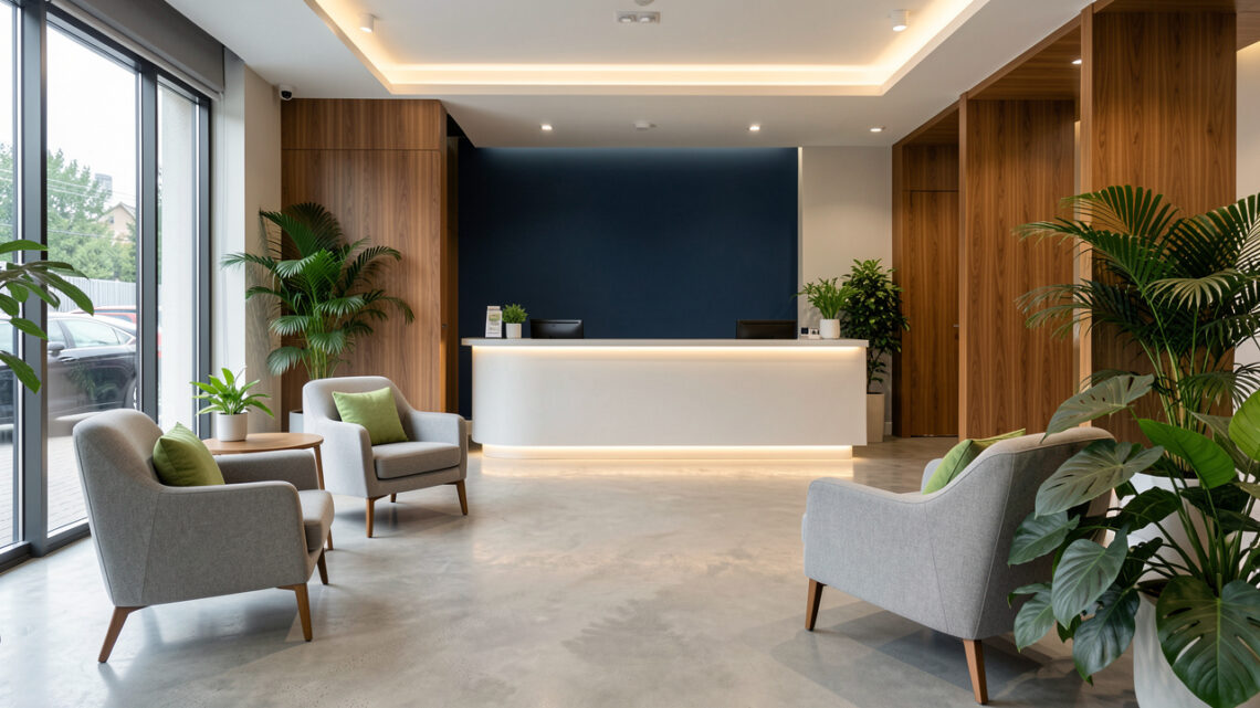 Espace d’accueil moderne d’un garage automobile avec fauteuils confortables, comptoir lumineux, plantes vertes et ambiance professionnelle.