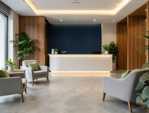 Espace d’accueil moderne d’un garage automobile avec fauteuils confortables, comptoir lumineux, plantes vertes et ambiance professionnelle.