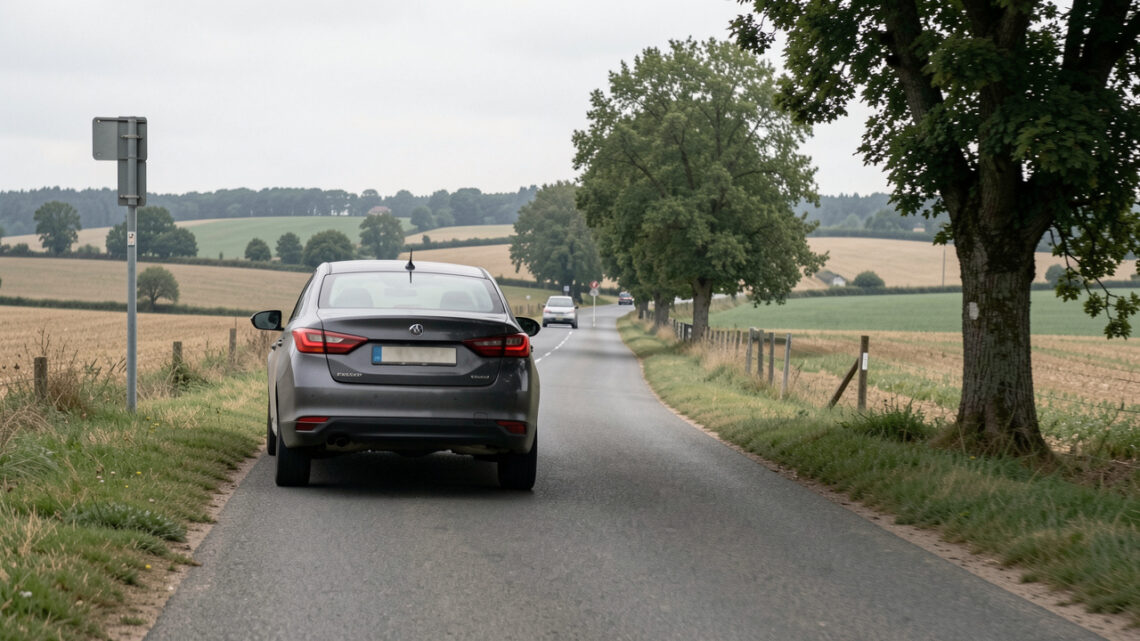 Berline sombre banalisée vue de l’arrière circulant sur une route départementale française dans une ambiance réaliste de contrôle de vitesse.