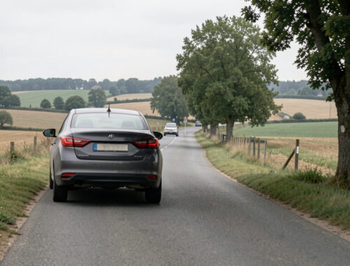 Berline sombre banalisée vue de l’arrière circulant sur une route départementale française dans une ambiance réaliste de contrôle de vitesse.