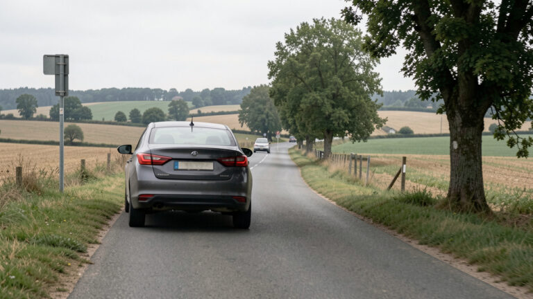 Berline sombre banalisée vue de l’arrière circulant sur une route départementale française dans une ambiance réaliste de contrôle de vitesse.