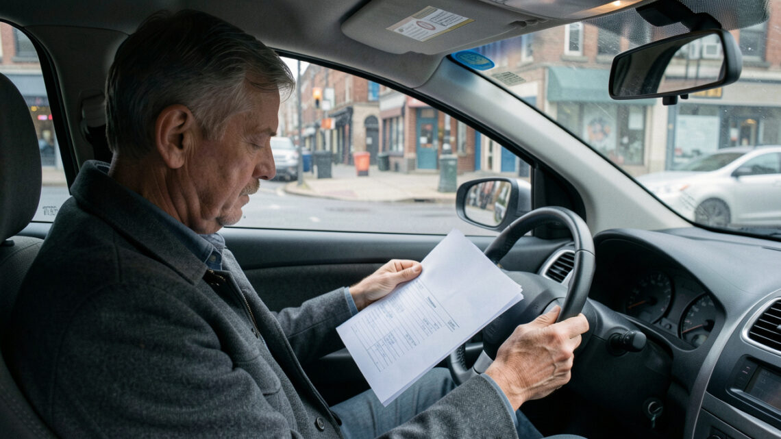 Un homme d’âge mûr consulte des feuilles vierges au volant d’une voiture stationnée dans une rue urbaine.