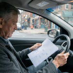 Un homme d’âge mûr consulte des feuilles vierges au volant d’une voiture stationnée dans une rue urbaine.